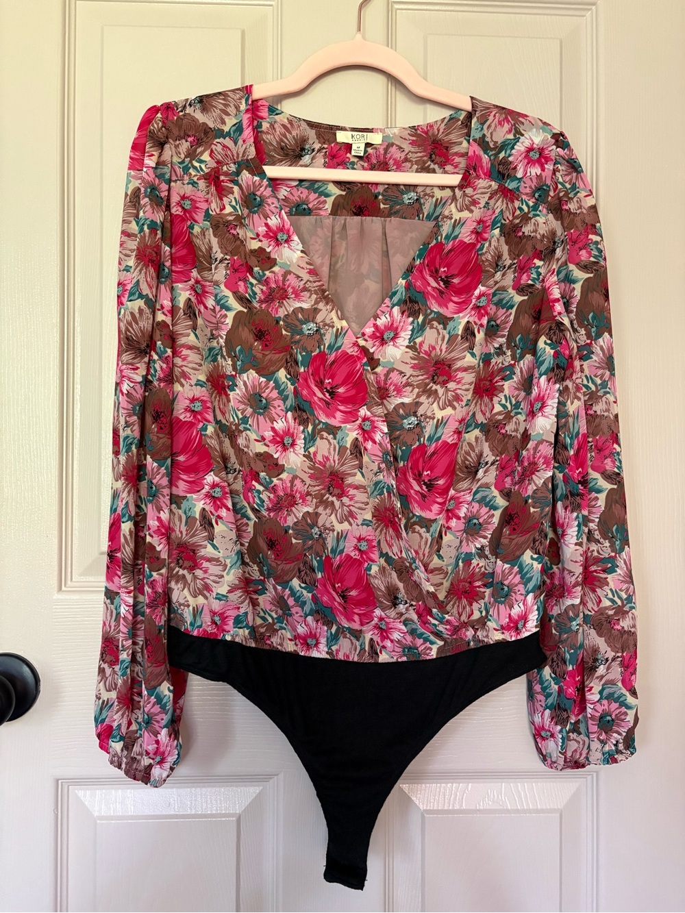 Kori Pink Multi Floral V-Neck Long Sleeve Bodysuit with Black Bottom